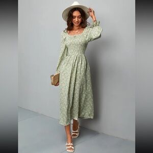 Floral Green Midi Dress Flowers Spring Shirred Flounce Long Sleeve Smocked Small